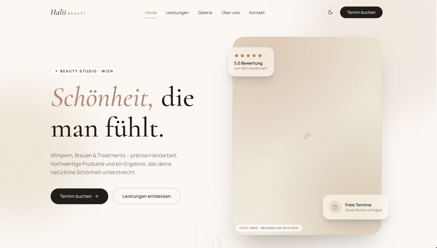 Startseite von haliibeauty.com: helles, elegantes Design mit der Überschrift „Schönheit, die man fühlt“ und Termin-Buchung