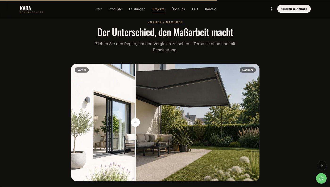 Projektseite von kaba-sonnenschutz.at mit interaktivem Vorher-Nachher-Vergleich einer Terrassen-Beschattung